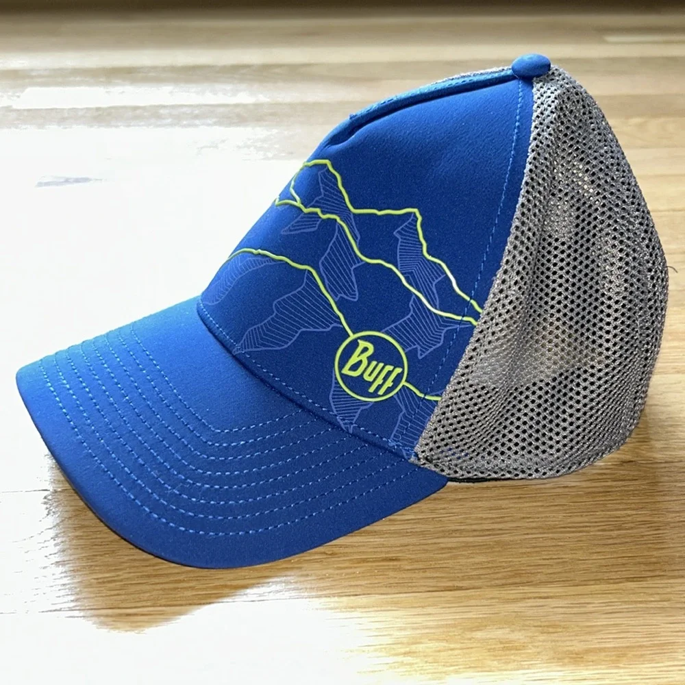 Blue and Gray Trucker Hat with Mountain Design